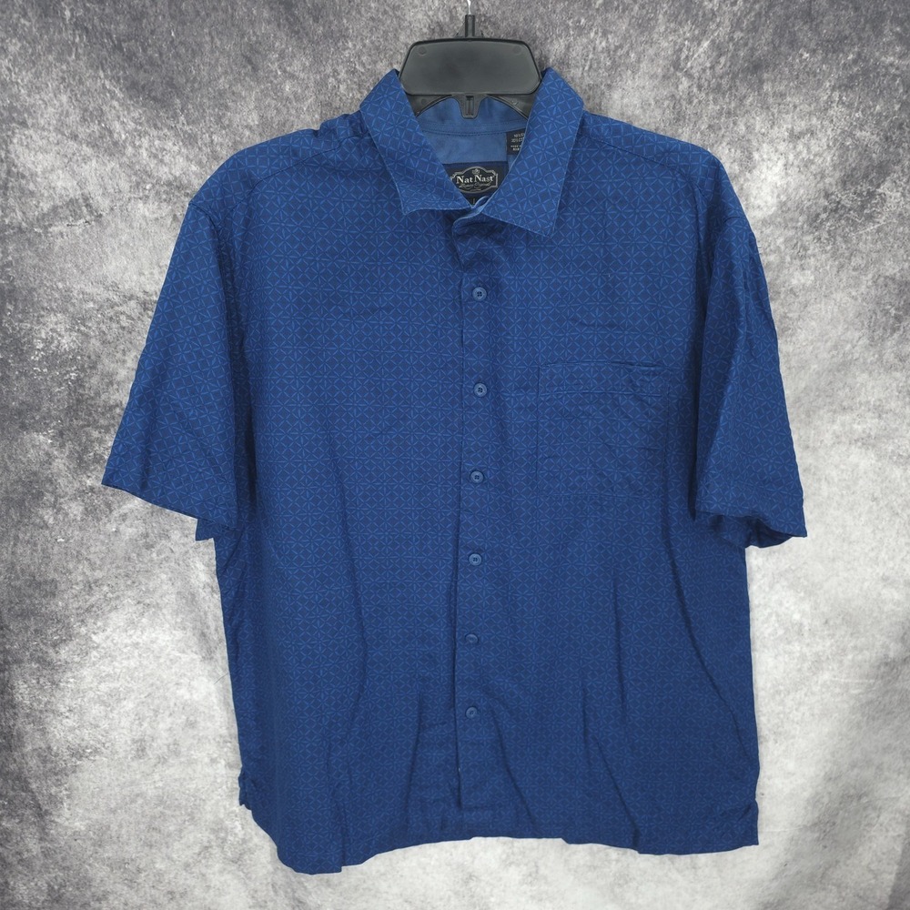 Nat Nast Shirt Mens Large Blue Button Up Short Sleeve Silk Blend Luxury